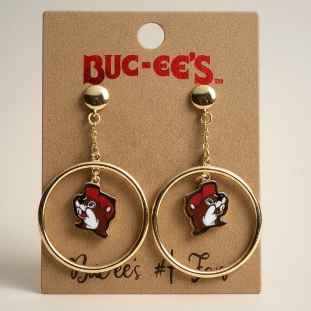 Buc-ee's Beaver Mascot Enamel Gold Tone Hoop Drop Earrings‎ New